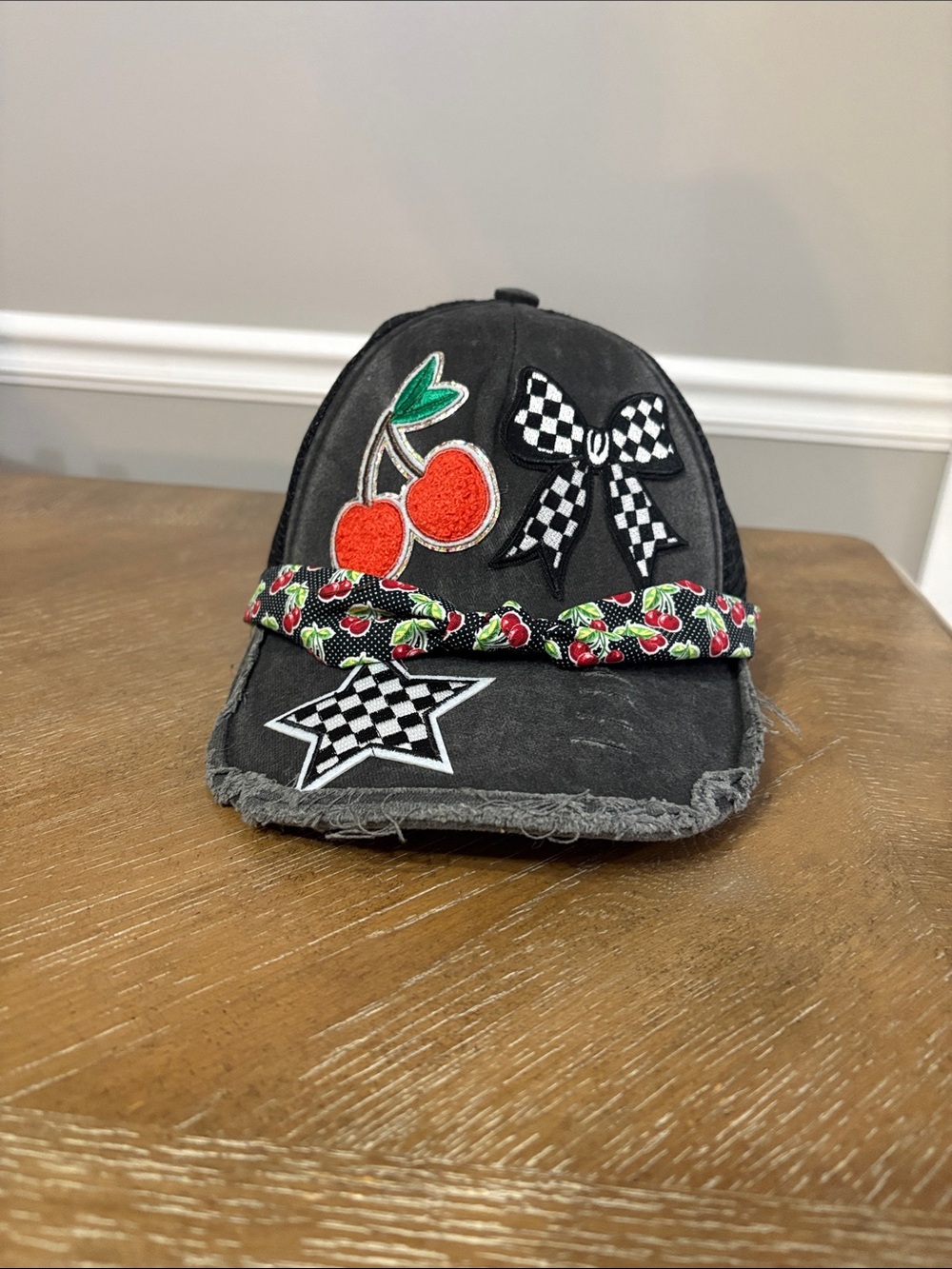 Black Cherry Patch Distressed Cap with Checkered Accents